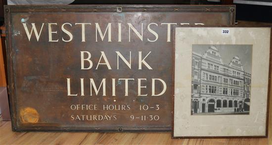 A Westminster Bank bronze sign and a photograph of the bank building, largest 52 x 90cm